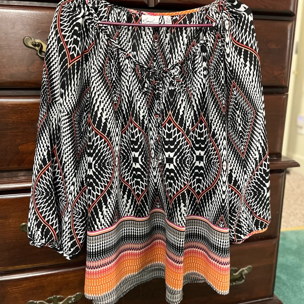 Black, white, orange and pink tunic with round scoop neck blouse